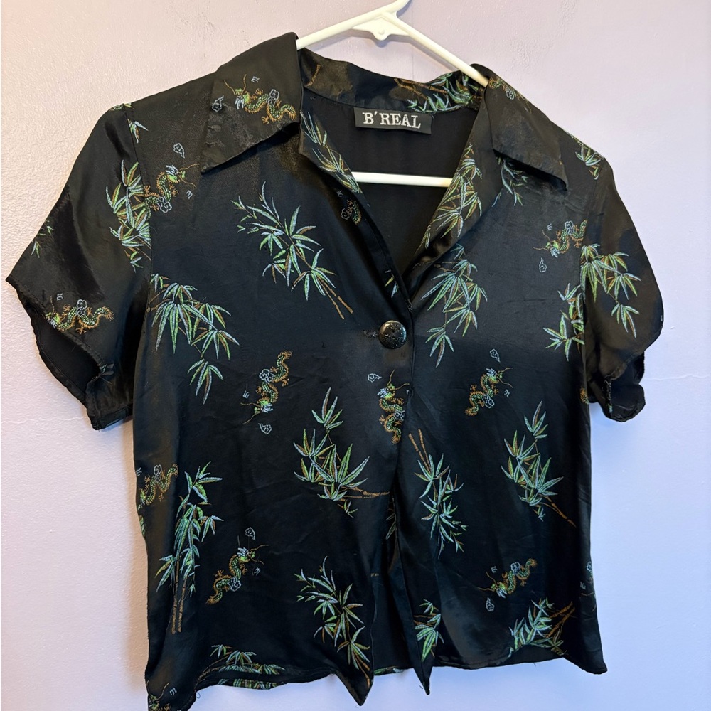 VTG Y2K 90s B'REAL Chinoiserie Faux Silk‎ Button Crop Blouse Top Small